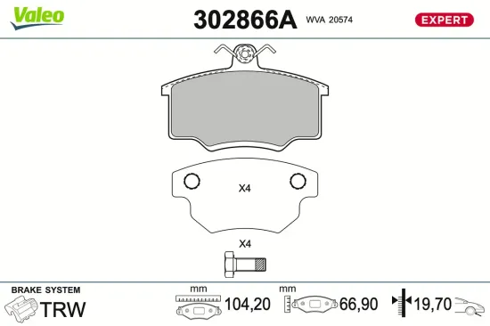 Bremsbelagsatz, Scheibenbremse Vorderachse VALEO 302866A Bild Bremsbelagsatz, Scheibenbremse Vorderachse VALEO 302866A