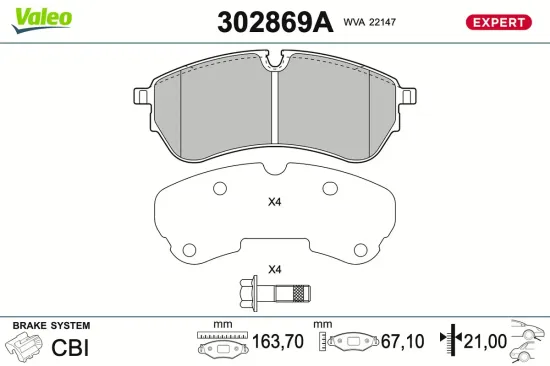 Bremsbelagsatz, Scheibenbremse Hinterachse Vorderachse VALEO 302869A Bild Bremsbelagsatz, Scheibenbremse Hinterachse Vorderachse VALEO 302869A