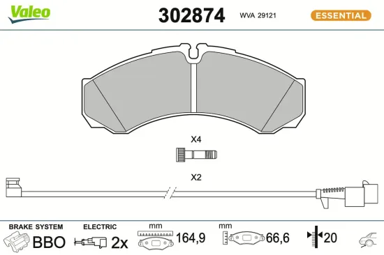 Bremsbelagsatz, Scheibenbremse Hinterachse VALEO 302874 Bild Bremsbelagsatz, Scheibenbremse Hinterachse VALEO 302874