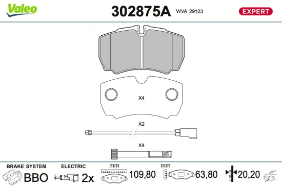 Bremsbelagsatz, Scheibenbremse Hinterachse VALEO 302875A Bild Bremsbelagsatz, Scheibenbremse Hinterachse VALEO 302875A
