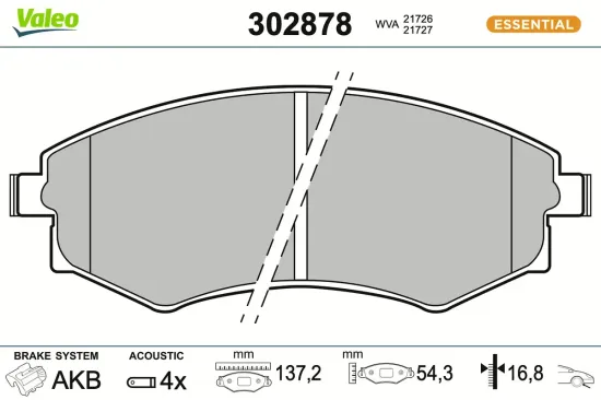 Bremsbelagsatz, Scheibenbremse Vorderachse VALEO 302878 Bild Bremsbelagsatz, Scheibenbremse Vorderachse VALEO 302878