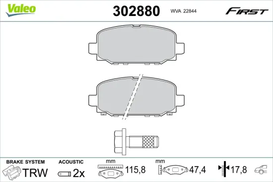 Bremsbelagsatz, Scheibenbremse Hinterachse VALEO 302880 Bild Bremsbelagsatz, Scheibenbremse Hinterachse VALEO 302880