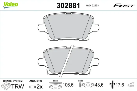 Bremsbelagsatz, Scheibenbremse Hinterachse VALEO 302881 Bild Bremsbelagsatz, Scheibenbremse Hinterachse VALEO 302881
