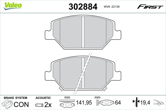 Bremsbelagsatz, Scheibenbremse Vorderachse VALEO 302884 Bild Bremsbelagsatz, Scheibenbremse Vorderachse VALEO 302884