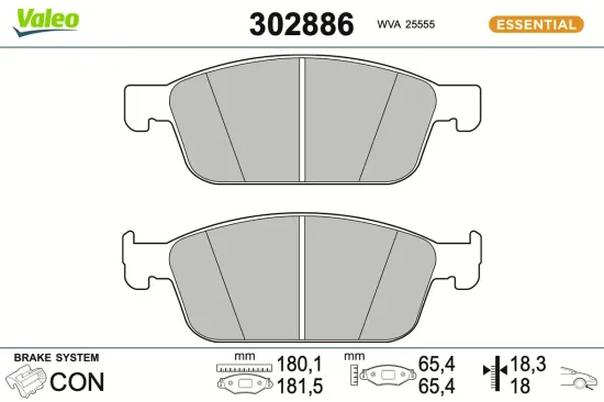Bremsbelagsatz, Scheibenbremse Vorderachse VALEO 302886 Bild Bremsbelagsatz, Scheibenbremse Vorderachse VALEO 302886