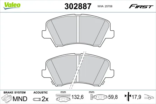 Bremsbelagsatz, Scheibenbremse Vorderachse VALEO 302887 Bild Bremsbelagsatz, Scheibenbremse Vorderachse VALEO 302887
