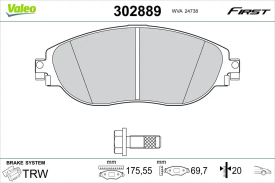 Bremsbelagsatz, Scheibenbremse Vorderachse VALEO 302889 Bild Bremsbelagsatz, Scheibenbremse Vorderachse VALEO 302889