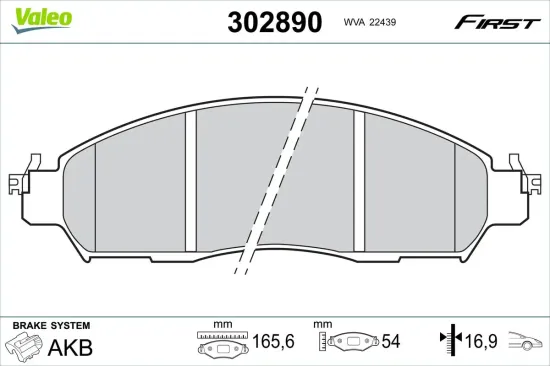 Bremsbelagsatz, Scheibenbremse Vorderachse VALEO 302890 Bild Bremsbelagsatz, Scheibenbremse Vorderachse VALEO 302890