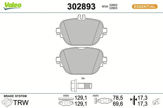 Bremsbelagsatz, Scheibenbremse Hinterachse VALEO 302893 Bild Bremsbelagsatz, Scheibenbremse Hinterachse VALEO 302893