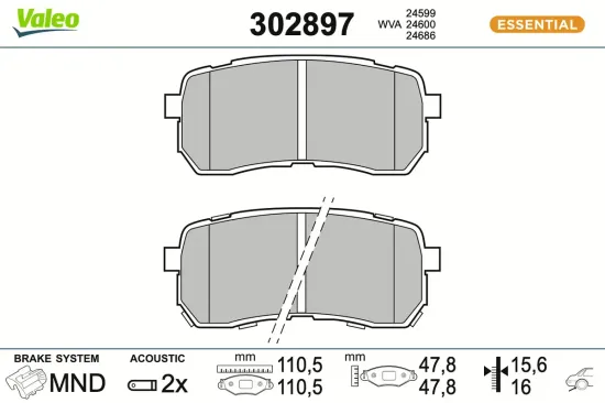 Bremsbelagsatz, Scheibenbremse Hinterachse VALEO 302897 Bild Bremsbelagsatz, Scheibenbremse Hinterachse VALEO 302897