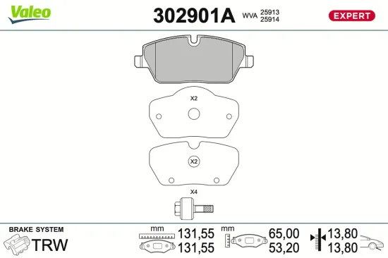 Bremsbelagsatz, Scheibenbremse Vorderachse VALEO 302901A Bild Bremsbelagsatz, Scheibenbremse Vorderachse VALEO 302901A