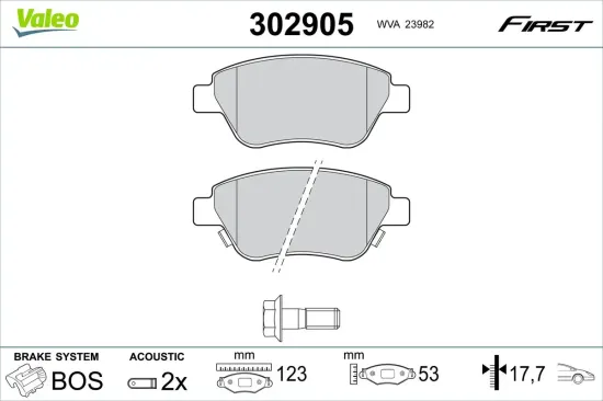 Bremsbelagsatz, Scheibenbremse Vorderachse VALEO 302905 Bild Bremsbelagsatz, Scheibenbremse Vorderachse VALEO 302905