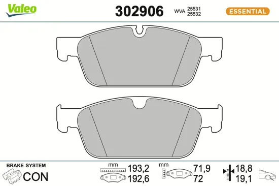 Bremsbelagsatz, Scheibenbremse Vorderachse VALEO 302906 Bild Bremsbelagsatz, Scheibenbremse Vorderachse VALEO 302906