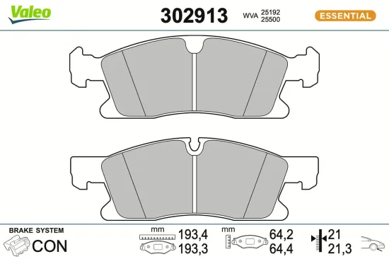 Bremsbelagsatz, Scheibenbremse Vorderachse VALEO 302913 Bild Bremsbelagsatz, Scheibenbremse Vorderachse VALEO 302913