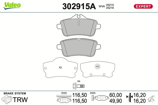 Bremsbelagsatz, Scheibenbremse Hinterachse VALEO 302915A Bild Bremsbelagsatz, Scheibenbremse Hinterachse VALEO 302915A