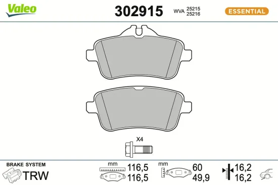 Bremsbelagsatz, Scheibenbremse Hinterachse VALEO 302915 Bild Bremsbelagsatz, Scheibenbremse Hinterachse VALEO 302915