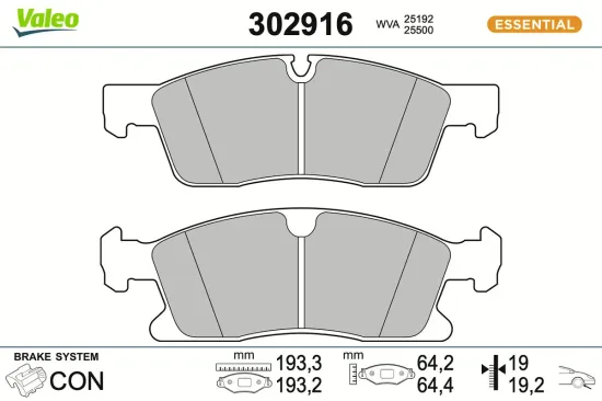 Bremsbelagsatz, Scheibenbremse Vorderachse VALEO 302916 Bild Bremsbelagsatz, Scheibenbremse Vorderachse VALEO 302916