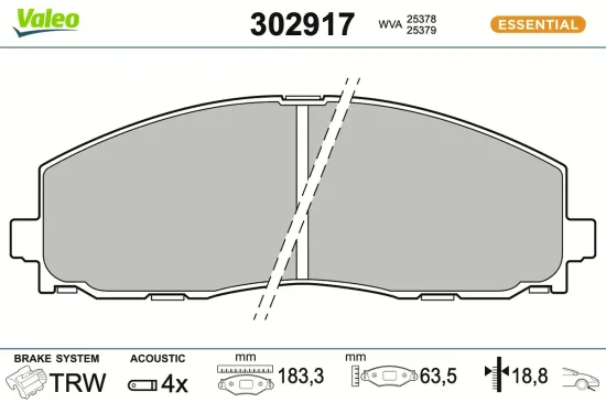 Bremsbelagsatz, Scheibenbremse Vorderachse VALEO 302917 Bild Bremsbelagsatz, Scheibenbremse Vorderachse VALEO 302917