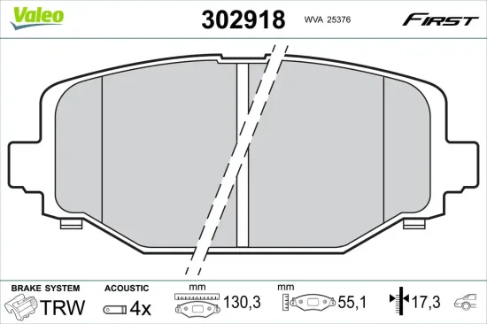 Bremsbelagsatz, Scheibenbremse Hinterachse VALEO 302918 Bild Bremsbelagsatz, Scheibenbremse Hinterachse VALEO 302918