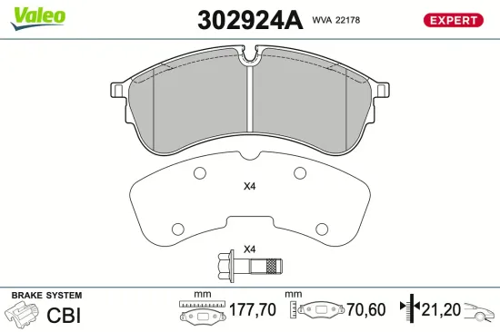 Bremsbelagsatz, Scheibenbremse Vorderachse VALEO 302924A Bild Bremsbelagsatz, Scheibenbremse Vorderachse VALEO 302924A