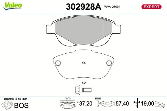 Bremsbelagsatz, Scheibenbremse Vorderachse VALEO 302928A Bild Bremsbelagsatz, Scheibenbremse Vorderachse VALEO 302928A