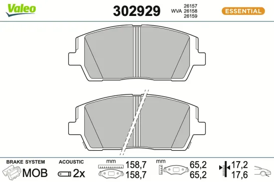 Bremsbelagsatz, Scheibenbremse Vorderachse VALEO 302929 Bild Bremsbelagsatz, Scheibenbremse Vorderachse VALEO 302929
