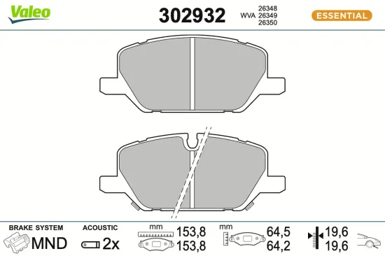 Bremsbelagsatz, Scheibenbremse Vorderachse VALEO 302932 Bild Bremsbelagsatz, Scheibenbremse Vorderachse VALEO 302932