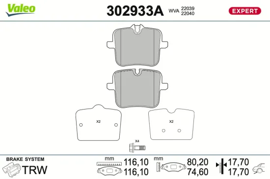 Bremsbelagsatz, Scheibenbremse Hinterachse VALEO 302933A Bild Bremsbelagsatz, Scheibenbremse Hinterachse VALEO 302933A