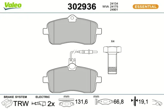 Bremsbelagsatz, Scheibenbremse Vorderachse VALEO 302936 Bild Bremsbelagsatz, Scheibenbremse Vorderachse VALEO 302936
