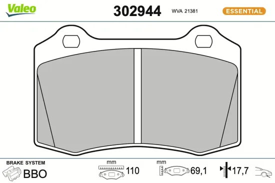 Bremsbelagsatz, Scheibenbremse Vorderachse VALEO 302944 Bild Bremsbelagsatz, Scheibenbremse Vorderachse VALEO 302944