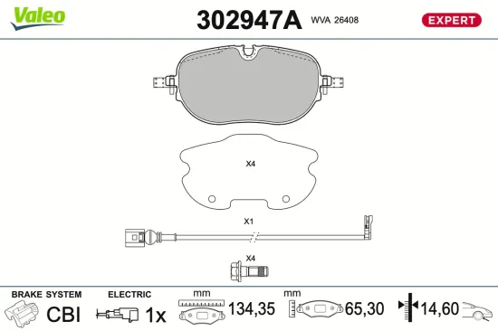 Bremsbelagsatz, Scheibenbremse Vorderachse VALEO 302947A Bild Bremsbelagsatz, Scheibenbremse Vorderachse VALEO 302947A