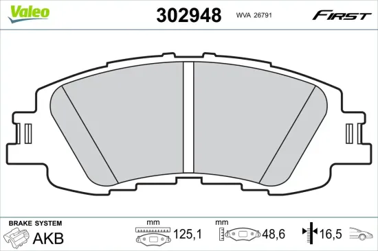 Bremsbelagsatz, Scheibenbremse Vorderachse VALEO 302948 Bild Bremsbelagsatz, Scheibenbremse Vorderachse VALEO 302948