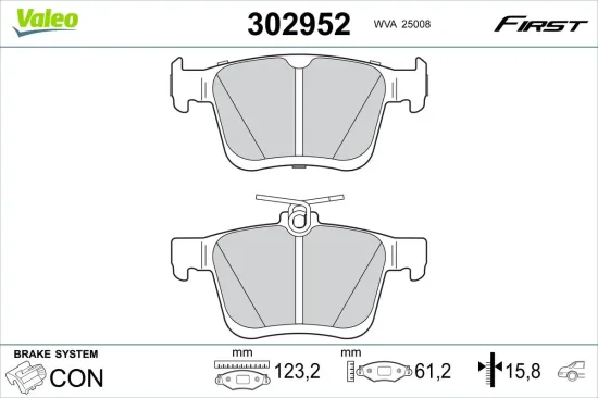Bremsbelagsatz, Scheibenbremse Hinterachse VALEO 302952 Bild Bremsbelagsatz, Scheibenbremse Hinterachse VALEO 302952