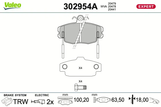 Bremsbelagsatz, Scheibenbremse Vorderachse VALEO 302954A Bild Bremsbelagsatz, Scheibenbremse Vorderachse VALEO 302954A