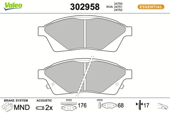 Bremsbelagsatz, Scheibenbremse Vorderachse VALEO 302958 Bild Bremsbelagsatz, Scheibenbremse Vorderachse VALEO 302958