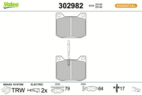 Bremsbelagsatz, Scheibenbremse Vorderachse VALEO 302982 Bild Bremsbelagsatz, Scheibenbremse Vorderachse VALEO 302982