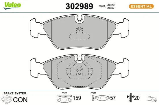 Bremsbelagsatz, Scheibenbremse Vorderachse VALEO 302989 Bild Bremsbelagsatz, Scheibenbremse Vorderachse VALEO 302989