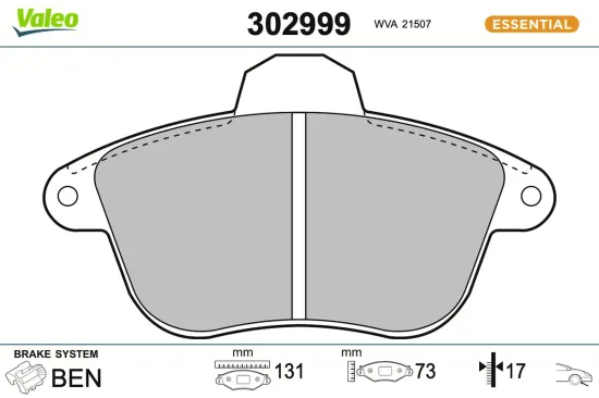 Bremsbelagsatz, Scheibenbremse Vorderachse VALEO 302999 Bild Bremsbelagsatz, Scheibenbremse Vorderachse VALEO 302999