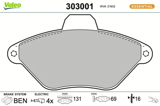 Bremsbelagsatz, Scheibenbremse Vorderachse VALEO 303001 Bild Bremsbelagsatz, Scheibenbremse Vorderachse VALEO 303001