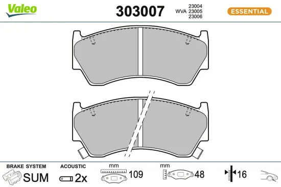 Bremsbelagsatz, Scheibenbremse Vorderachse VALEO 303007 Bild Bremsbelagsatz, Scheibenbremse Vorderachse VALEO 303007