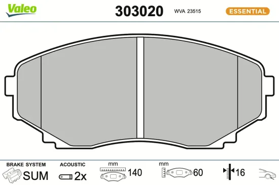 Bremsbelagsatz, Scheibenbremse Vorderachse VALEO 303020 Bild Bremsbelagsatz, Scheibenbremse Vorderachse VALEO 303020