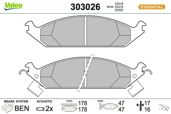 Bremsbelagsatz, Scheibenbremse Vorderachse VALEO 303026 Bild Bremsbelagsatz, Scheibenbremse Vorderachse VALEO 303026