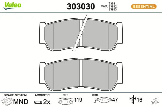 Bremsbelagsatz, Scheibenbremse Hinterachse VALEO 303030 Bild Bremsbelagsatz, Scheibenbremse Hinterachse VALEO 303030