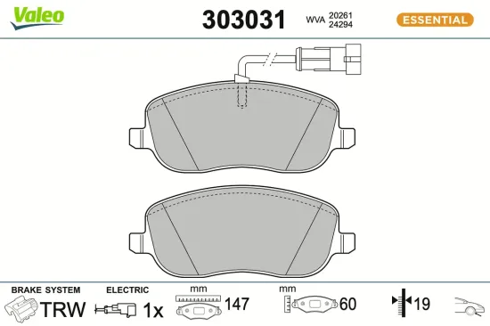 Bremsbelagsatz, Scheibenbremse Vorderachse VALEO 303031 Bild Bremsbelagsatz, Scheibenbremse Vorderachse VALEO 303031