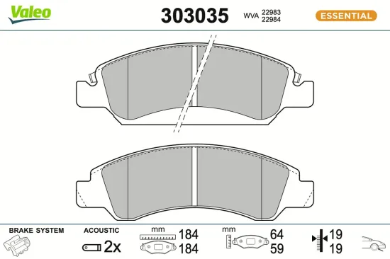 Bremsbelagsatz, Scheibenbremse Vorderachse VALEO 303035 Bild Bremsbelagsatz, Scheibenbremse Vorderachse VALEO 303035
