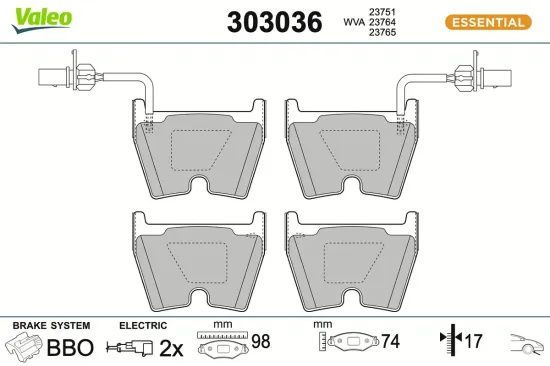 Bremsbelagsatz, Scheibenbremse Vorderachse VALEO 303036 Bild Bremsbelagsatz, Scheibenbremse Vorderachse VALEO 303036