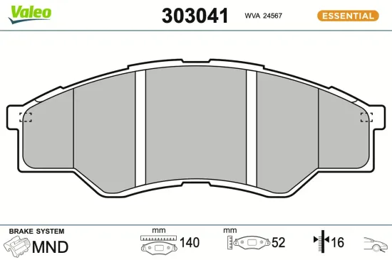 Bremsbelagsatz, Scheibenbremse Vorderachse VALEO 303041 Bild Bremsbelagsatz, Scheibenbremse Vorderachse VALEO 303041