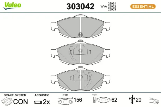 Bremsbelagsatz, Scheibenbremse Vorderachse VALEO 303042 Bild Bremsbelagsatz, Scheibenbremse Vorderachse VALEO 303042