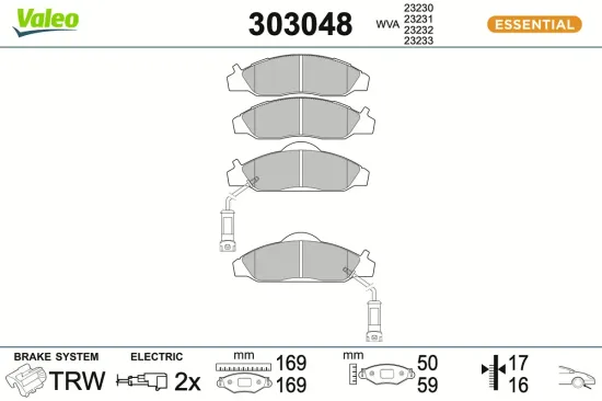 Bremsbelagsatz, Scheibenbremse Vorderachse VALEO 303048 Bild Bremsbelagsatz, Scheibenbremse Vorderachse VALEO 303048