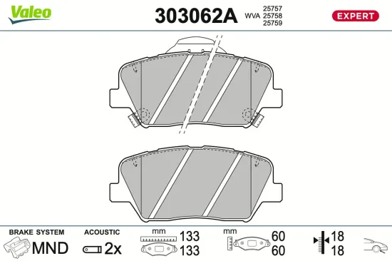 Bremsbelagsatz, Scheibenbremse Vorderachse VALEO 303062A Bild Bremsbelagsatz, Scheibenbremse Vorderachse VALEO 303062A